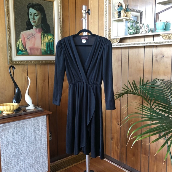 Vintage Dresses & Skirts - Vintage Faux Wrap Black Secretary Disco Dress Vintage Dresses & Skirts - Vintage Faux Wrap Black Secretary Disco Dress